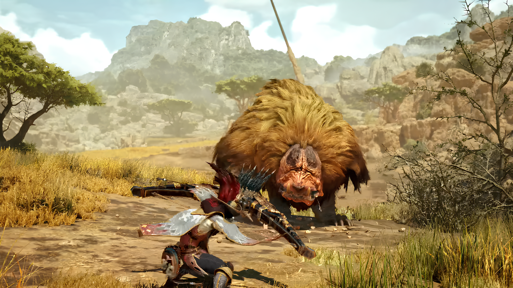 A still from Monster Hunter Wilds, featuring a Hunter using one of the Bow's skills against a Doshaguma.