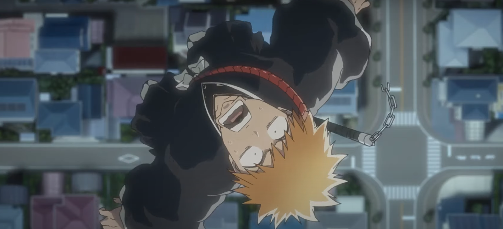 Ichigo is falling and looks scared in Bleach 