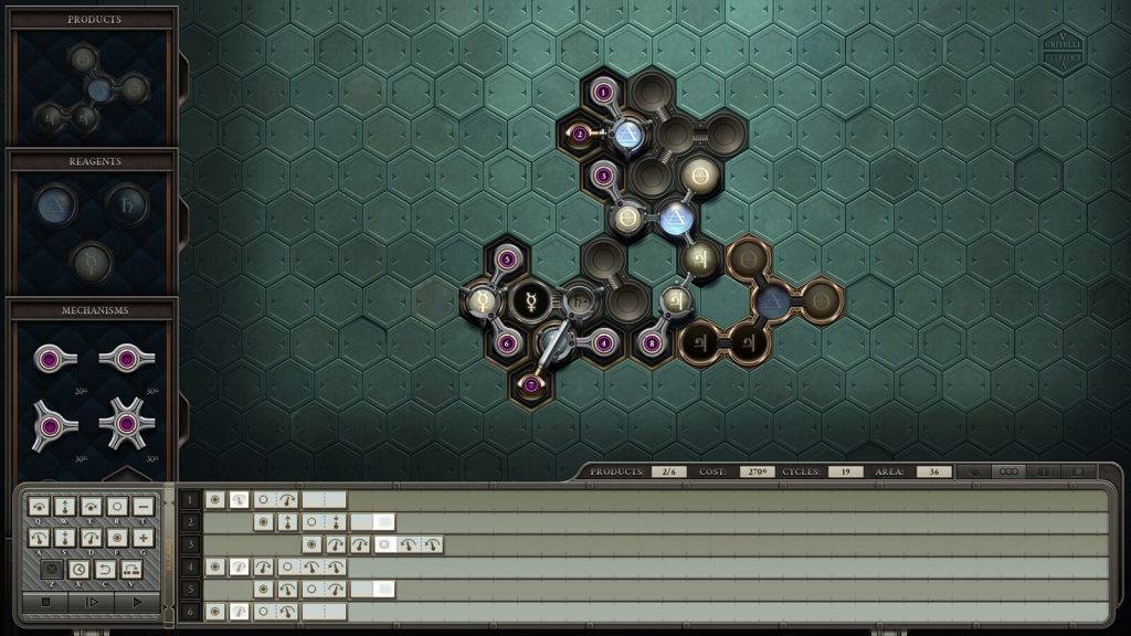 A gameplay screenshot from Opus Magnum, showcasing one of the game's steampunk-style puzzle levels.