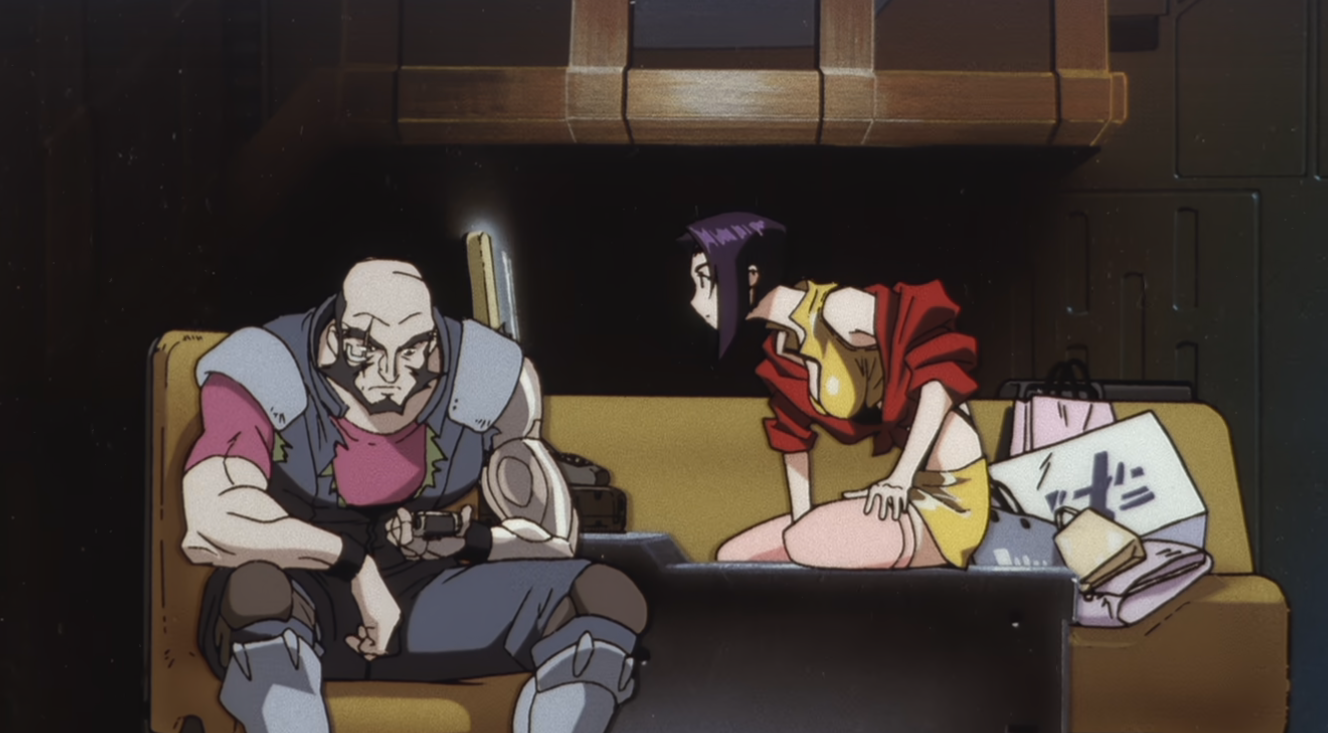 Jet is looking at a device in his hand while Faye looks at him in Cowboy Bebop 