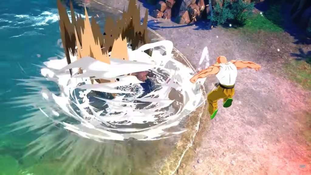 A screenshot showcasing Master Roshi sending Kakunsa away in water in the upcoming Dragon Ball game.