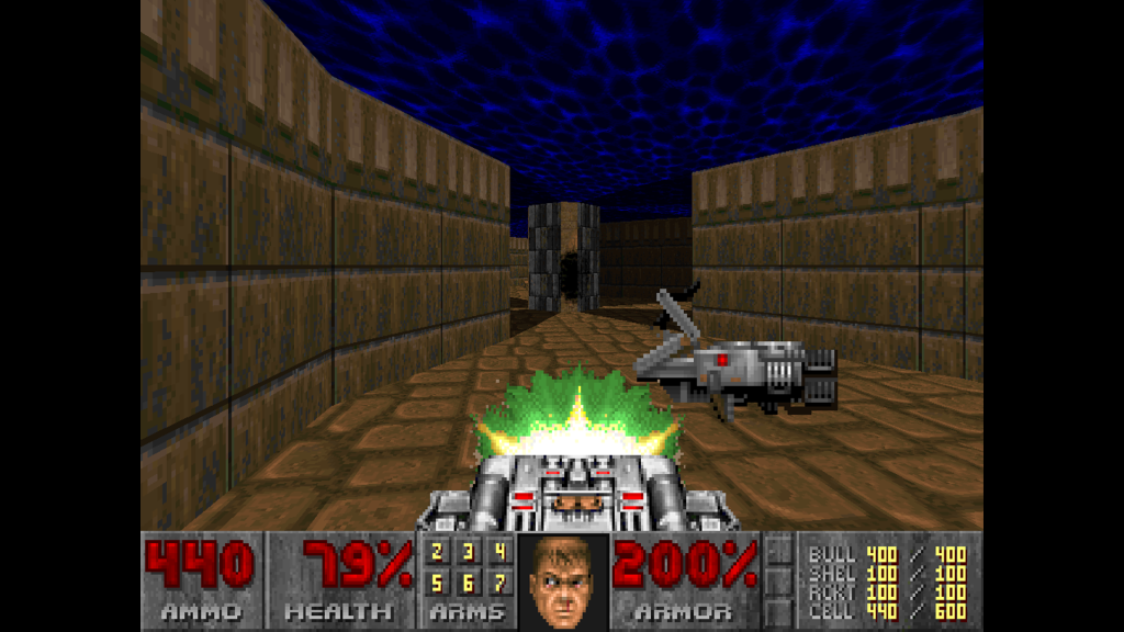 In-game screenshot of DOOM (1993) featuring the BFG weapon.