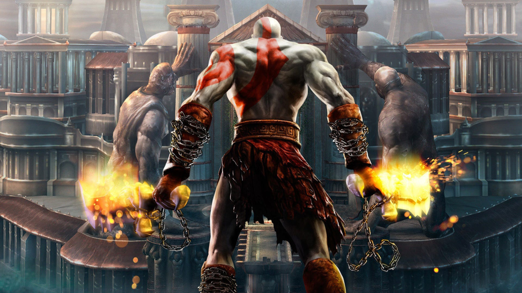 Box art of God of War 2 featuring Kratos with fired up Blades of Chaos.