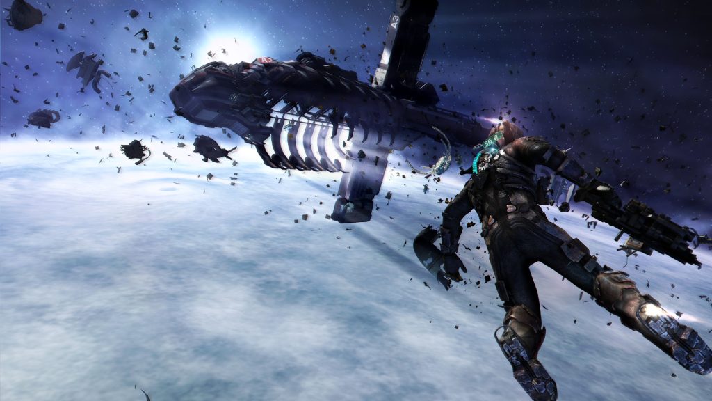 Isaac Clarke cruising through space using his thrusters in Dead Space 3.