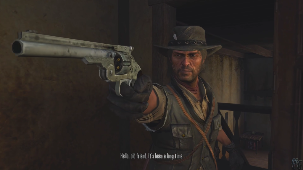 John Marston from Red Dead Redemption entering a room and aiming his gun at Javier.