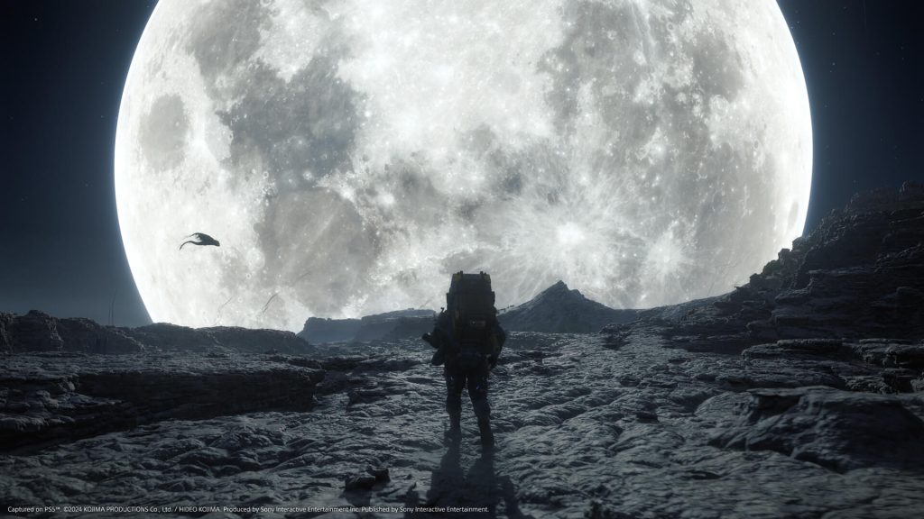 The image shows the character standing on a planet and looking at a moon in Death Stranding 2 