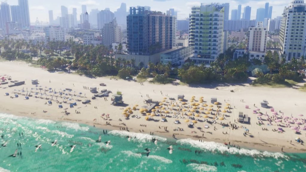 The image shows the overview of the beach in Rockstar Games' GTA 6 