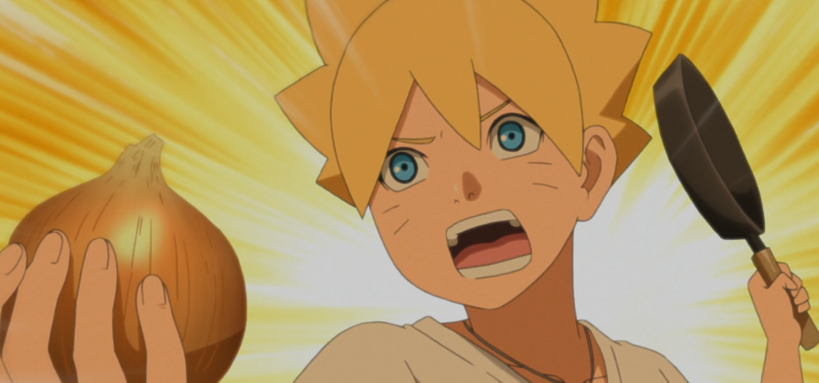 Boruto has a pan in one of his hands and onion in the other