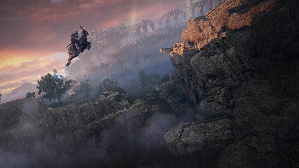 The image show a player jumping over a cliff using their mount in Elden Ring 