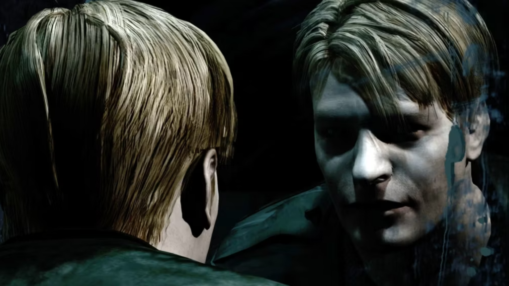 Image from Silent Hill 2 of the main character looking at a reflection of himself. 