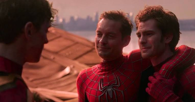 Tom Holland, Tobey Maguire and Andrew Garfield in Spider-Man: No Way Home (2021) | image: Marvel Studios