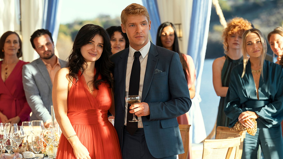 The Perfect Couple. (L to R) Eve Hewson as Amelia Sacks, Billy Howle as Benji Winbury in episode 101 of The Perfect Couple.