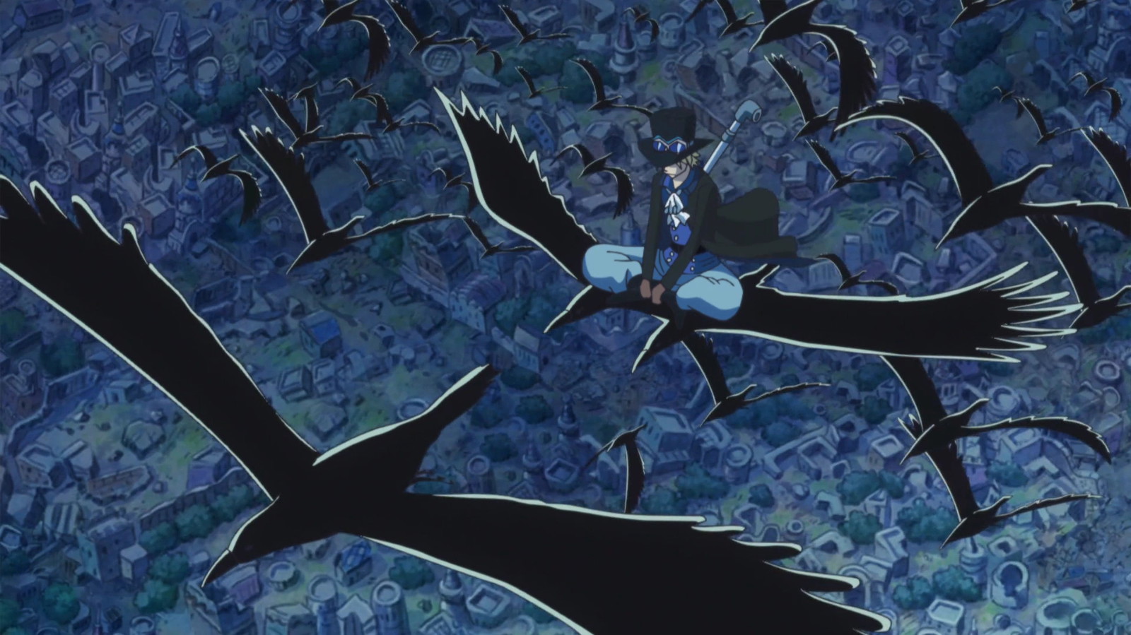 Sabo leaves Dressrosa riding one of Karasu's crows. 