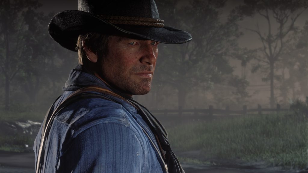 A close-up of Arthur Morgan from Rockstar Games' Red Dead Redemption 2.