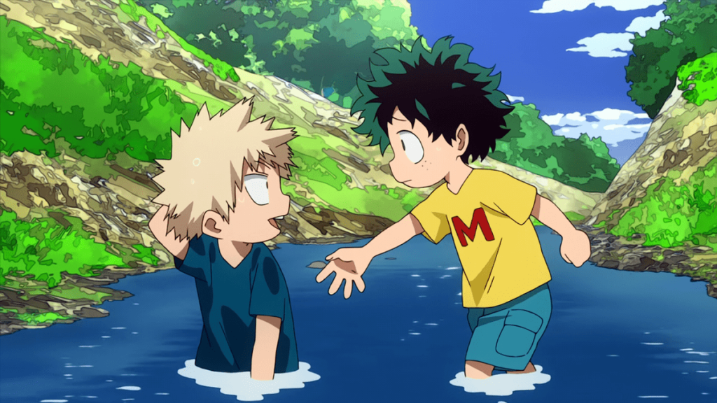 Deku helps Bakugo get up after falling into the river as kids.