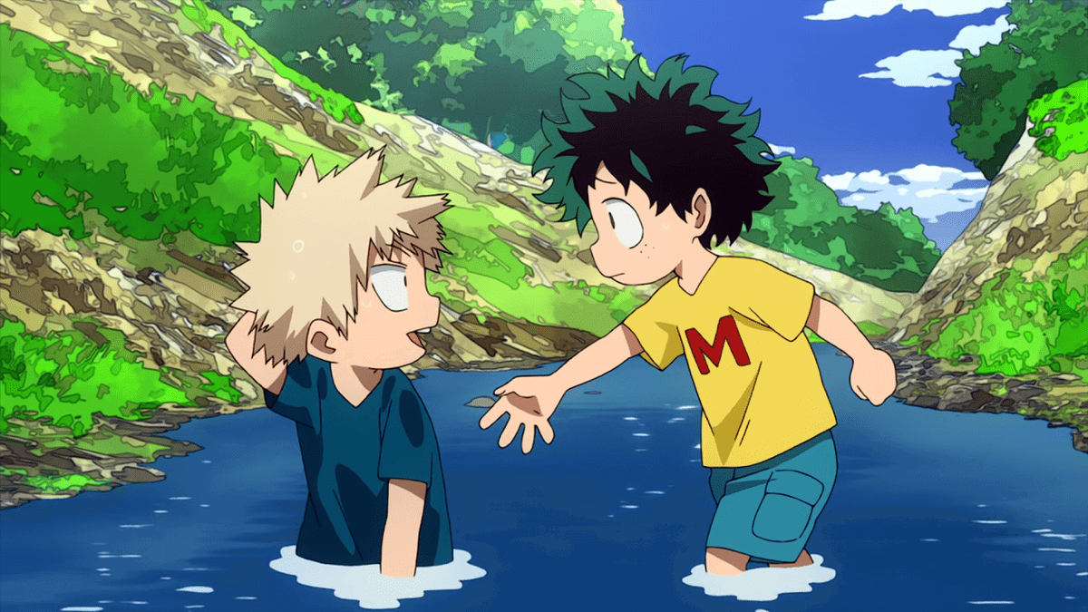 Deku helps Bakugo get up after falling into the river as kids. 