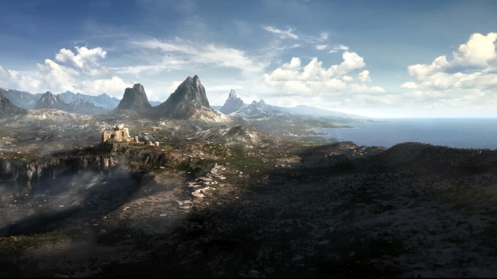 A moment from The Elder Scrolls 6 announcement video showing breathtaking scenery of mountains and sea.