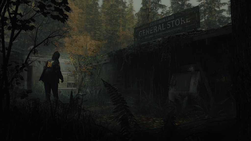 A still from Alan Wake 2, featuring Saga investigating at Robert Nightingale's murder site.