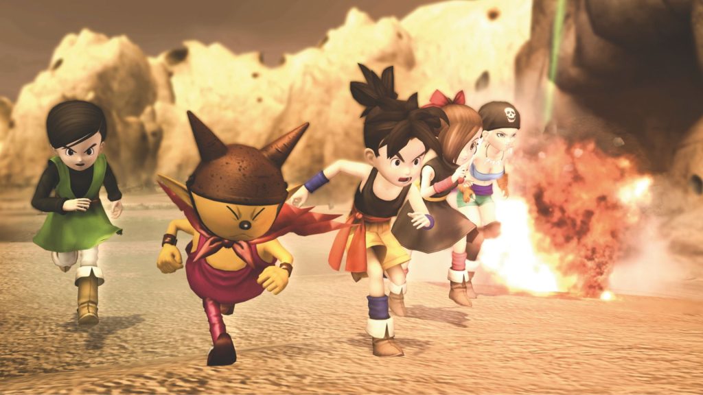 Characters avoiding an explosion in Blue Dragon.