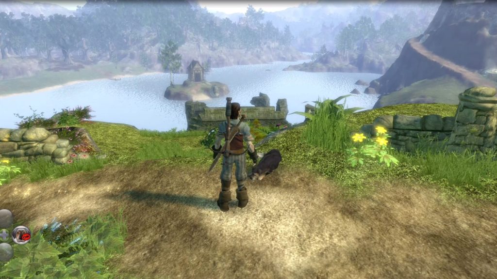 Character in Fable 2 with their dog on a cliff.