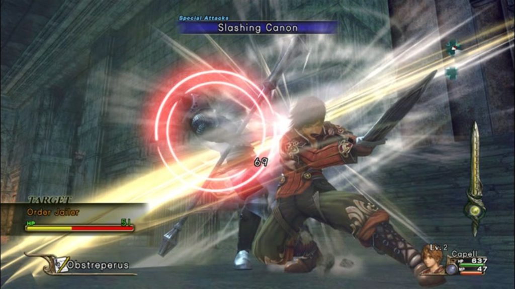 Capell landing the Slashing Canon attack on their opponent in one of the classic Xbox RPGs.