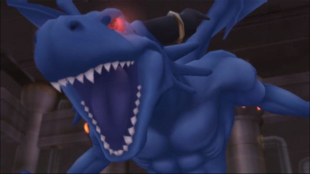 One of the Blue Dragon Shadows roaring at the screen with red glowing eyes.