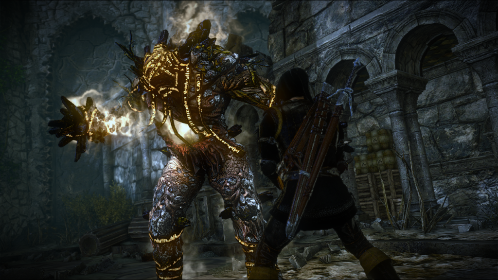 Geralt facing off a golem with glowing signs written on paper across its body.