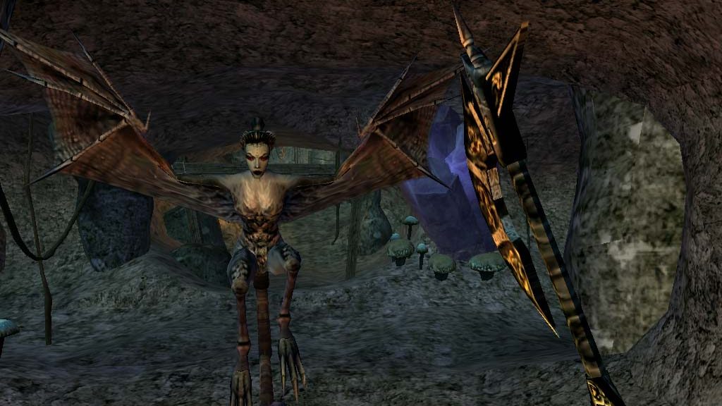 The player in Morrowid holding an axe and facing against a flying harpy-like enemy.