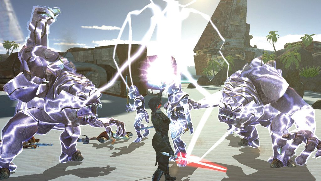 The player using their Sith Lightning attack on a number of enemies.