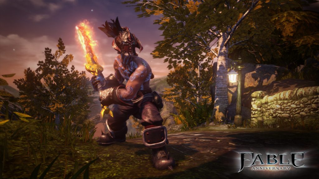 The character in Fable holding a flaming sword in a combat stance.