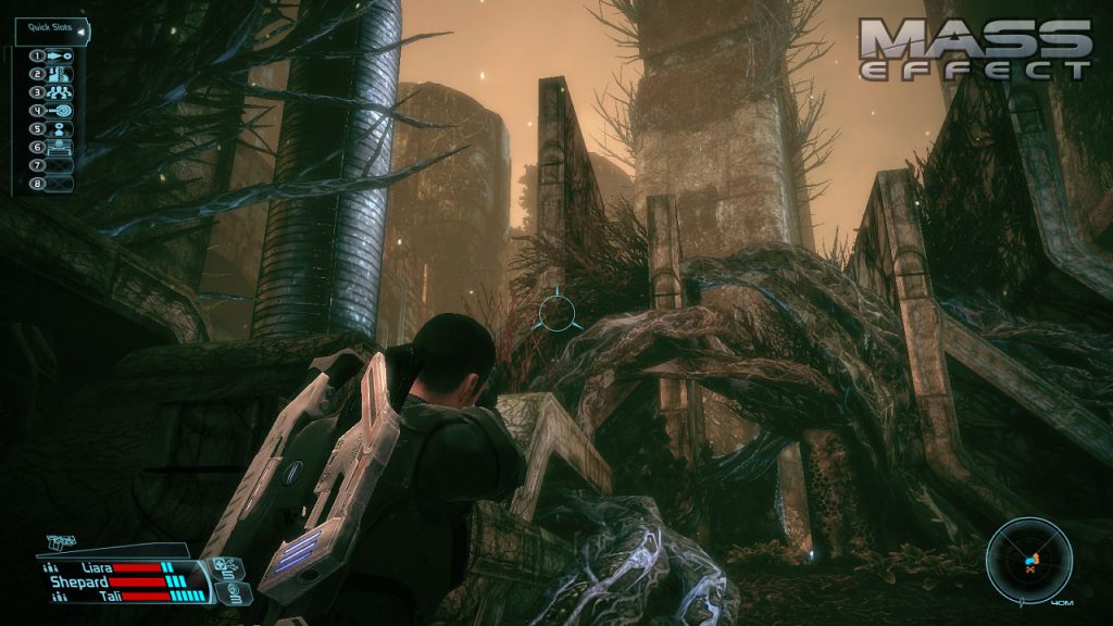 Shepherd from Mass Effect aiming his gun at a structure grown with roots.