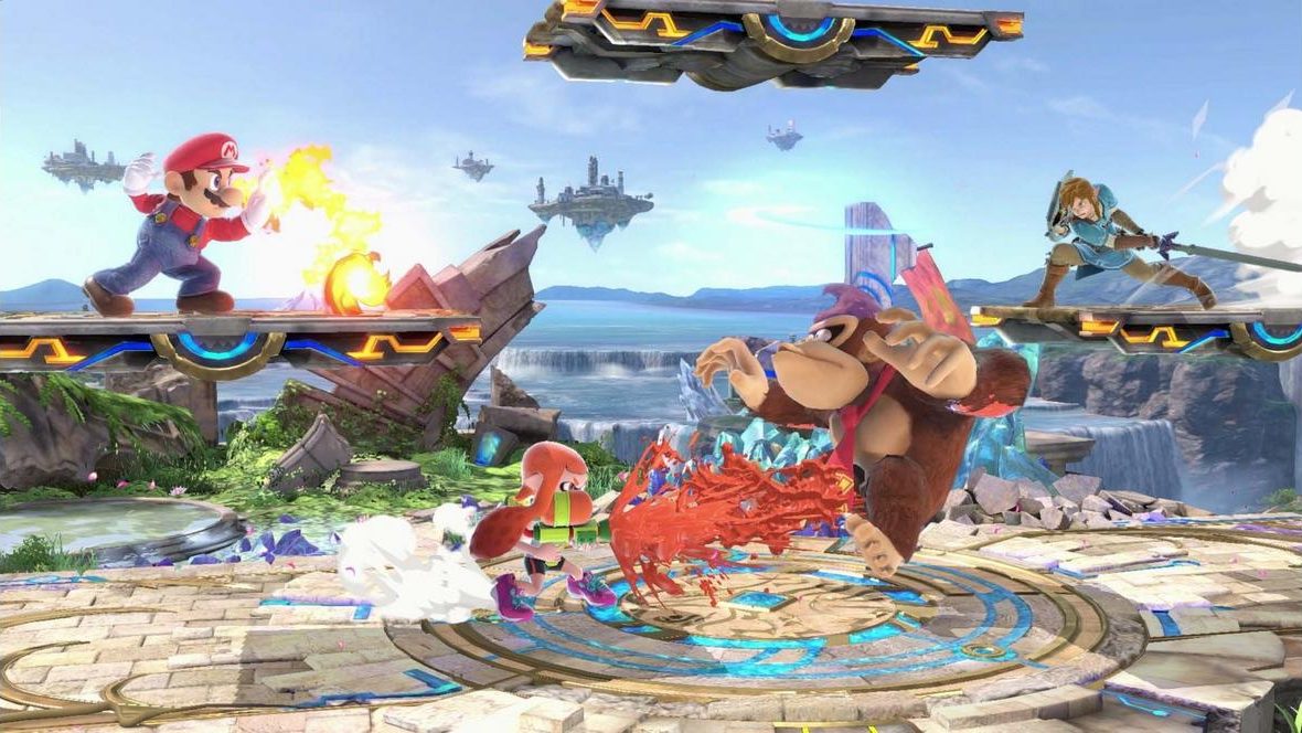 Image from Super Smash Bros. Ultimate showing Mario and Donkey Kong in battle. 