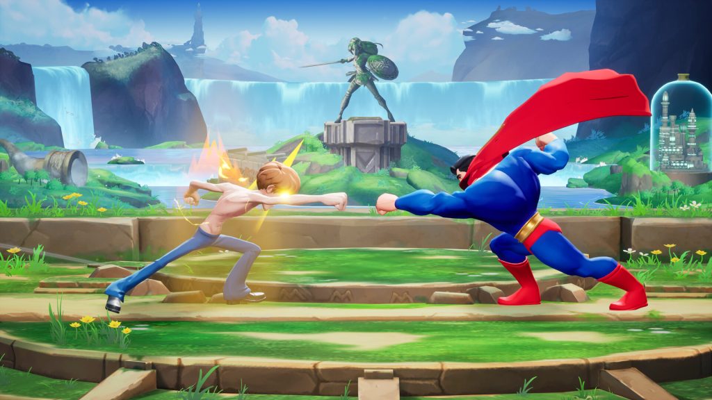 Image from MultiVersus of Shaggy and Superman fighting. 