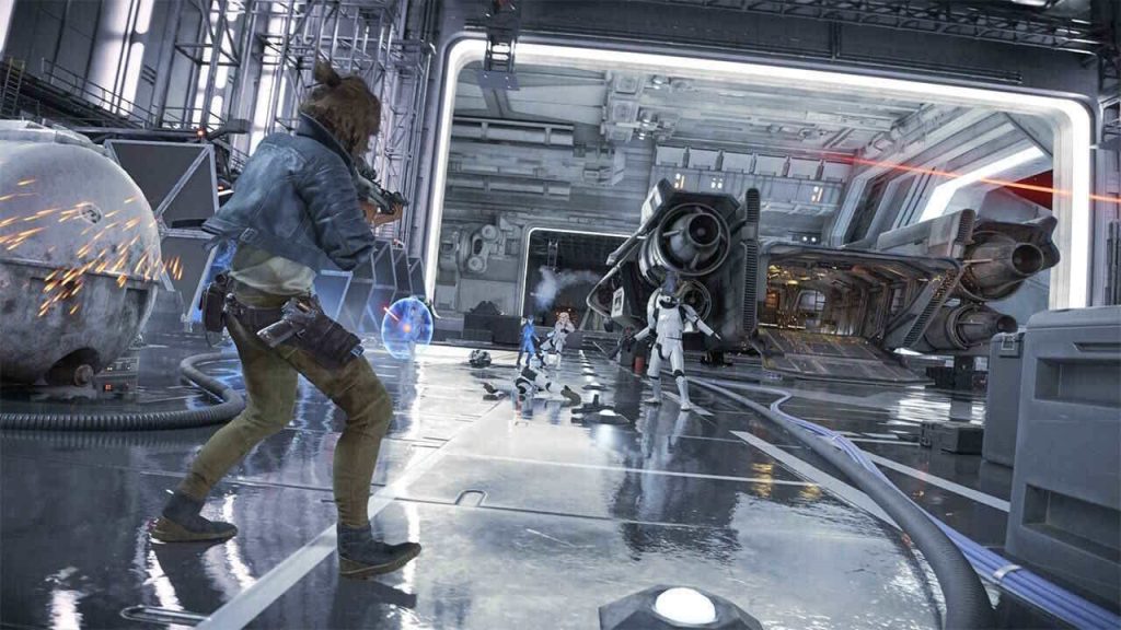 Star Wars Outlaws screenshot showing Kay inside a hangar shooting at stormtroopers