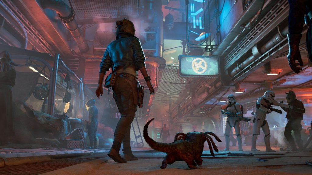 Kay and Nix walking through the streets in Star Wars Outlaws.