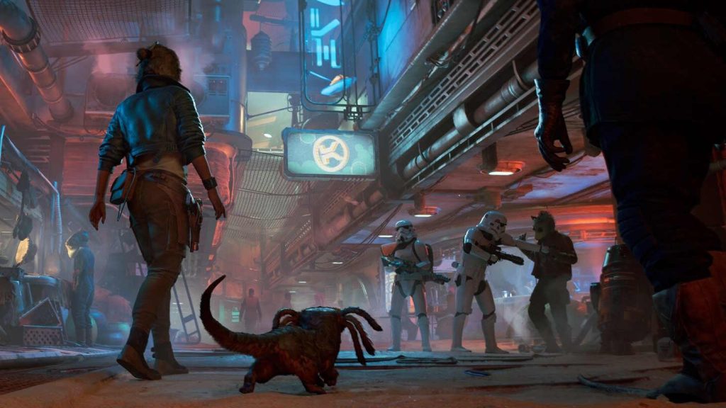 Star Wars Outlaws screenshot showing Kay and Nix walking through Mirogana