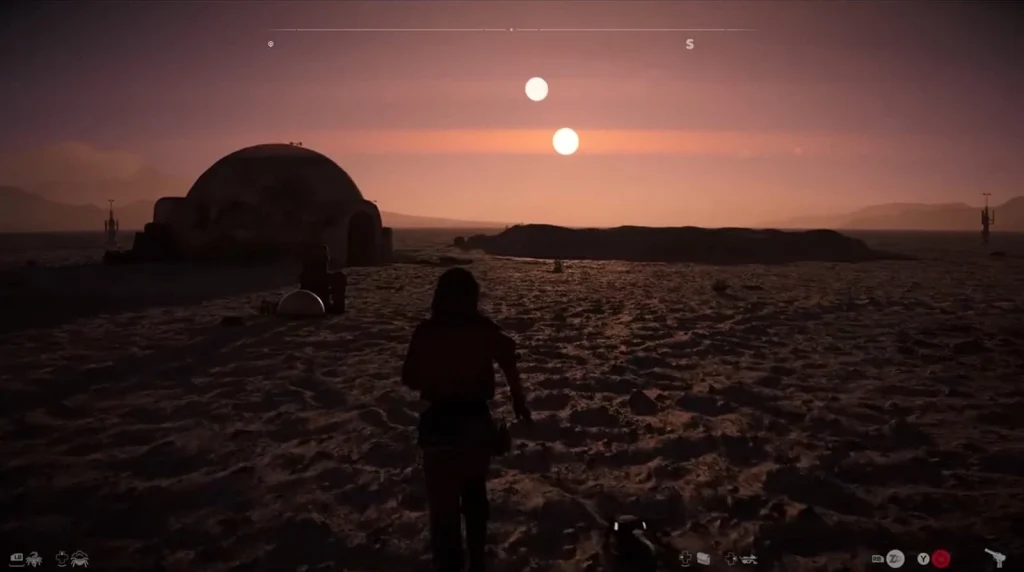 Star Wars Outlaws screenshot showing Kay in front of the Lars Homestead with the binary stars setting 