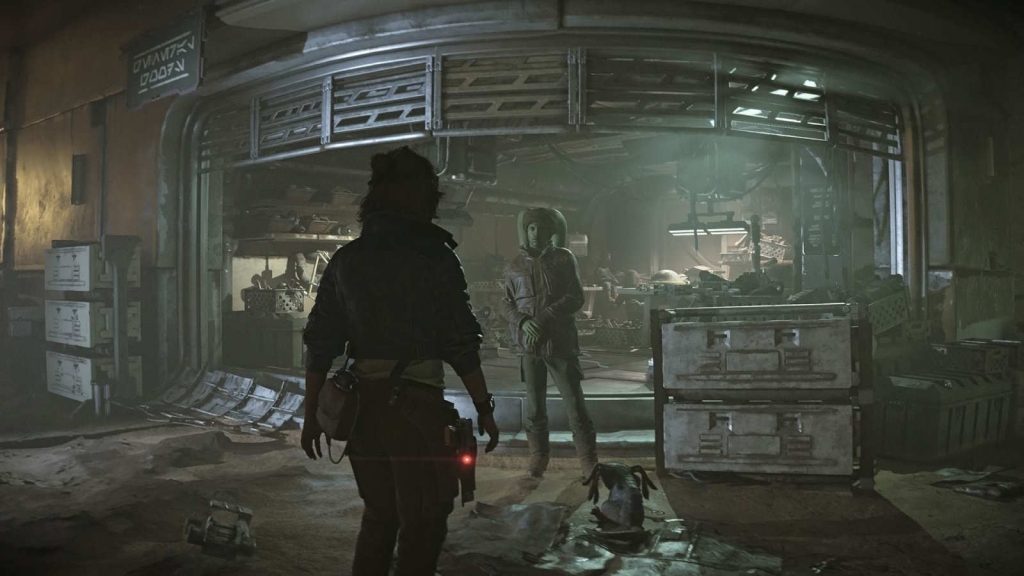 Star Wars Outlaws screenshot showing Kay in front of a shop of a Crimson Dawn merchant