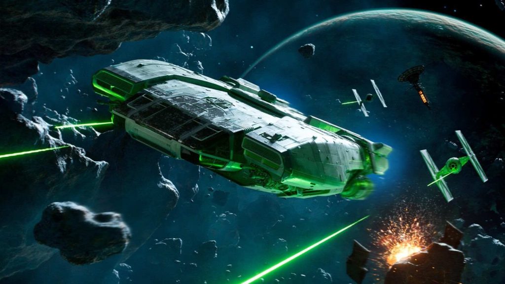 Star Wars Outlaws screenshot showing the Trailblazer escaping from TIE fighters