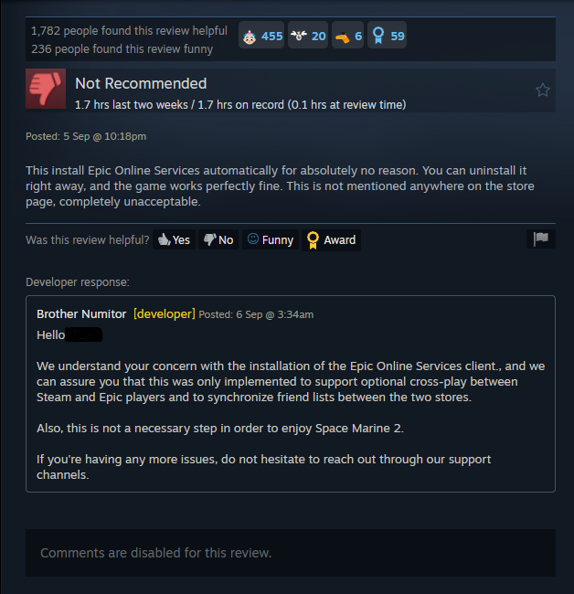 A screenshot from Steam, featuring Saber Interactive responding to one of the negative reviews.