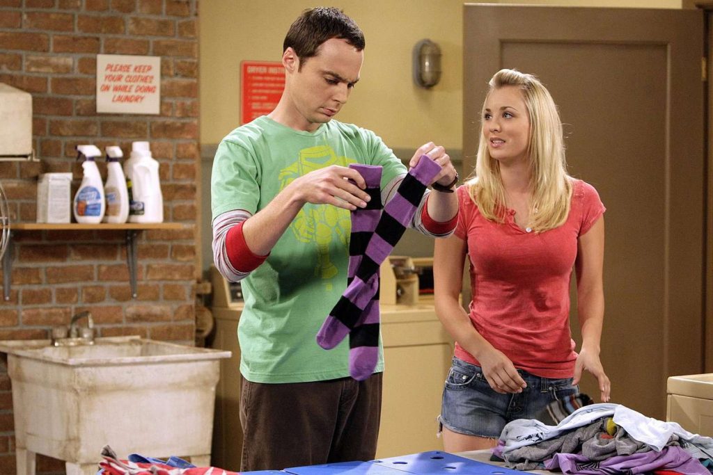 Kaley Cuoco as Penny and Jim Parsons as Sheldon in The Big Bang Theory. 