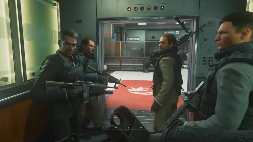 Vladimir Makarov and other terrorists in an elevator in Call of Duty: Modern Warfare 2 Campaign Remastered.