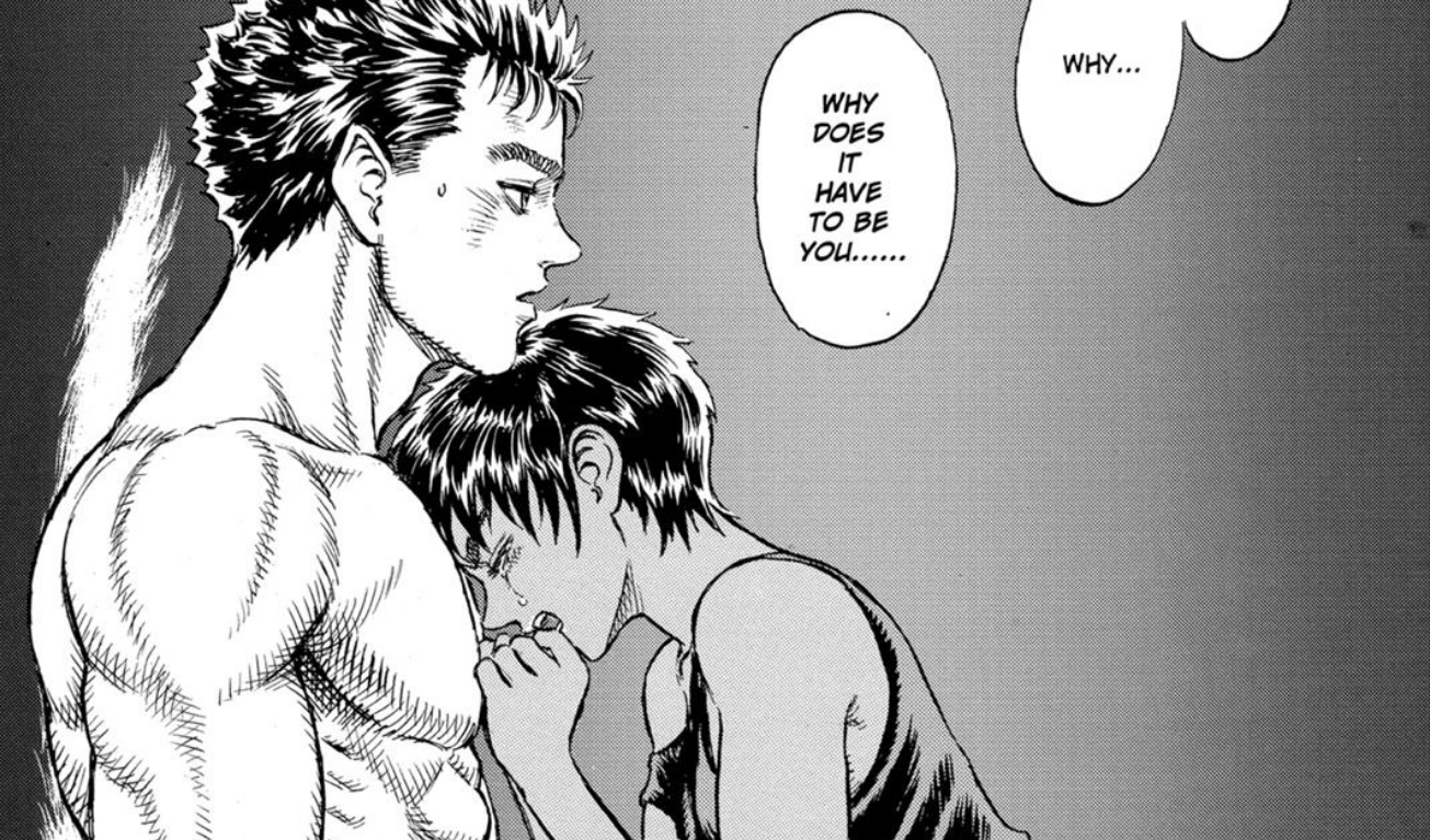 Casca is leaning on Gut's chest with tears in her eyes 