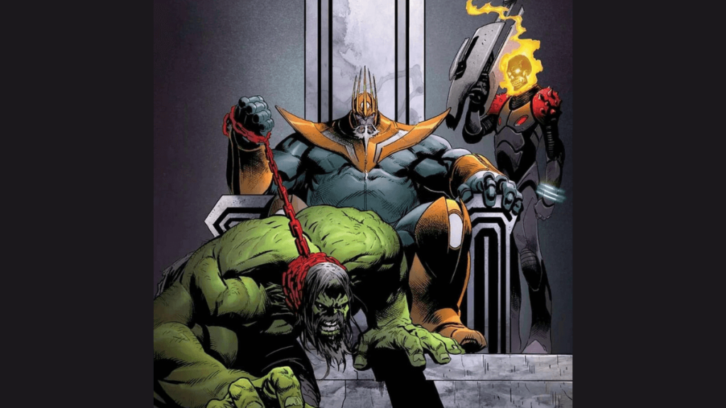 King Thanos, Cosmic Ghost Rider, and the Hulk as a guard dog in Thanos #15