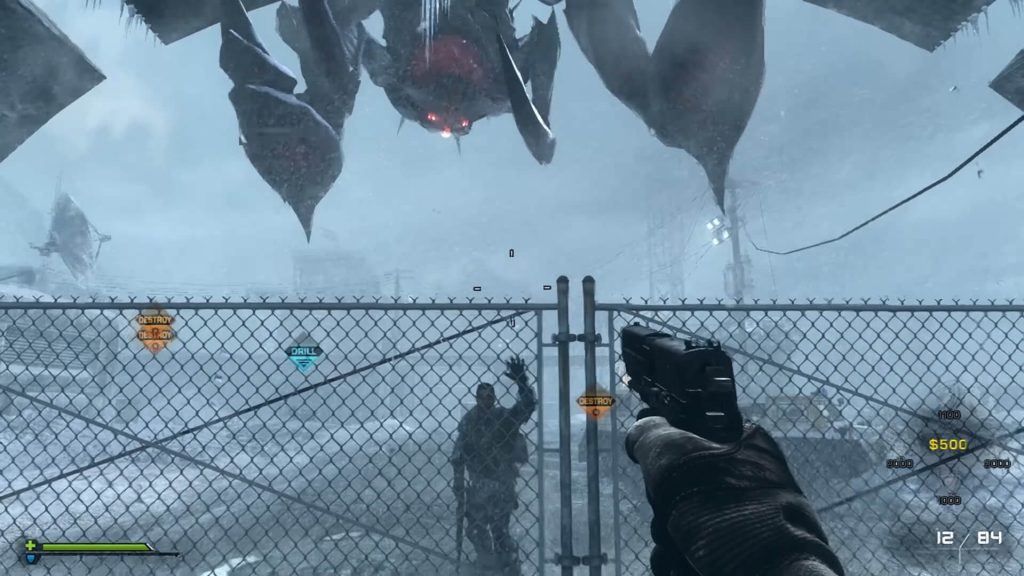 A soldier can be seen behind a metal gate with a Breeder above his head.