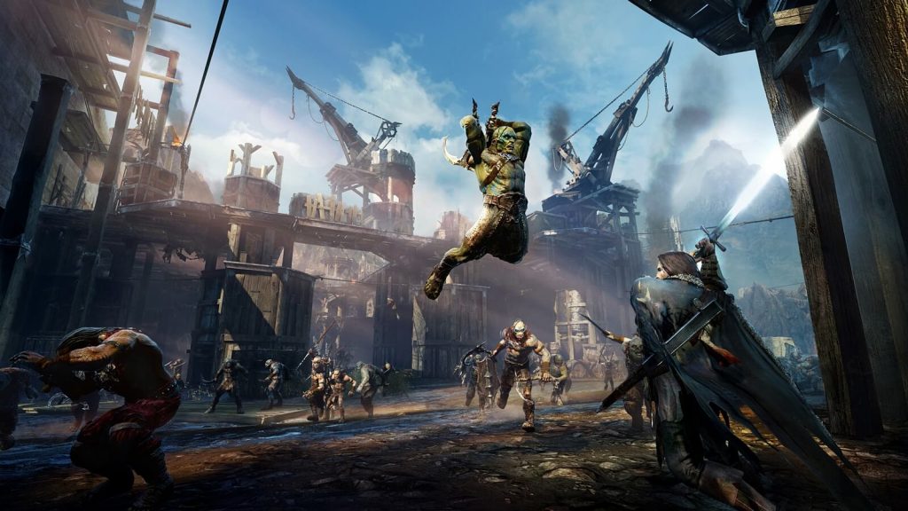 A screenshot from Middle Earth: Shadow of Mordor featuring the protagonist engaging in battle.