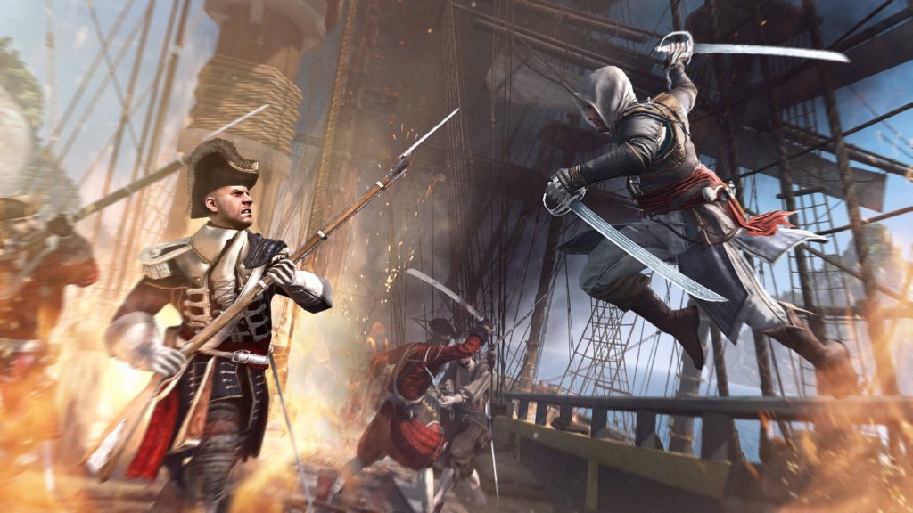 The image shows a player engaging in a battle on a boat in Assassin's Creed 4 Black Flag 