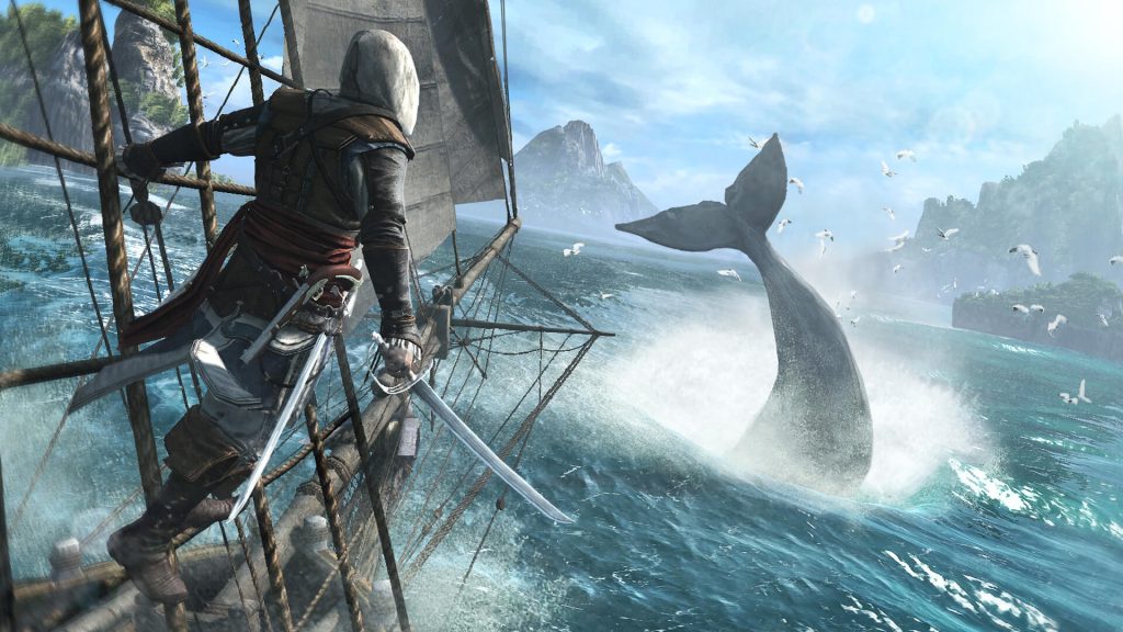 The image shows a player on a boat in Assassin's Creed 4 Black Flag 