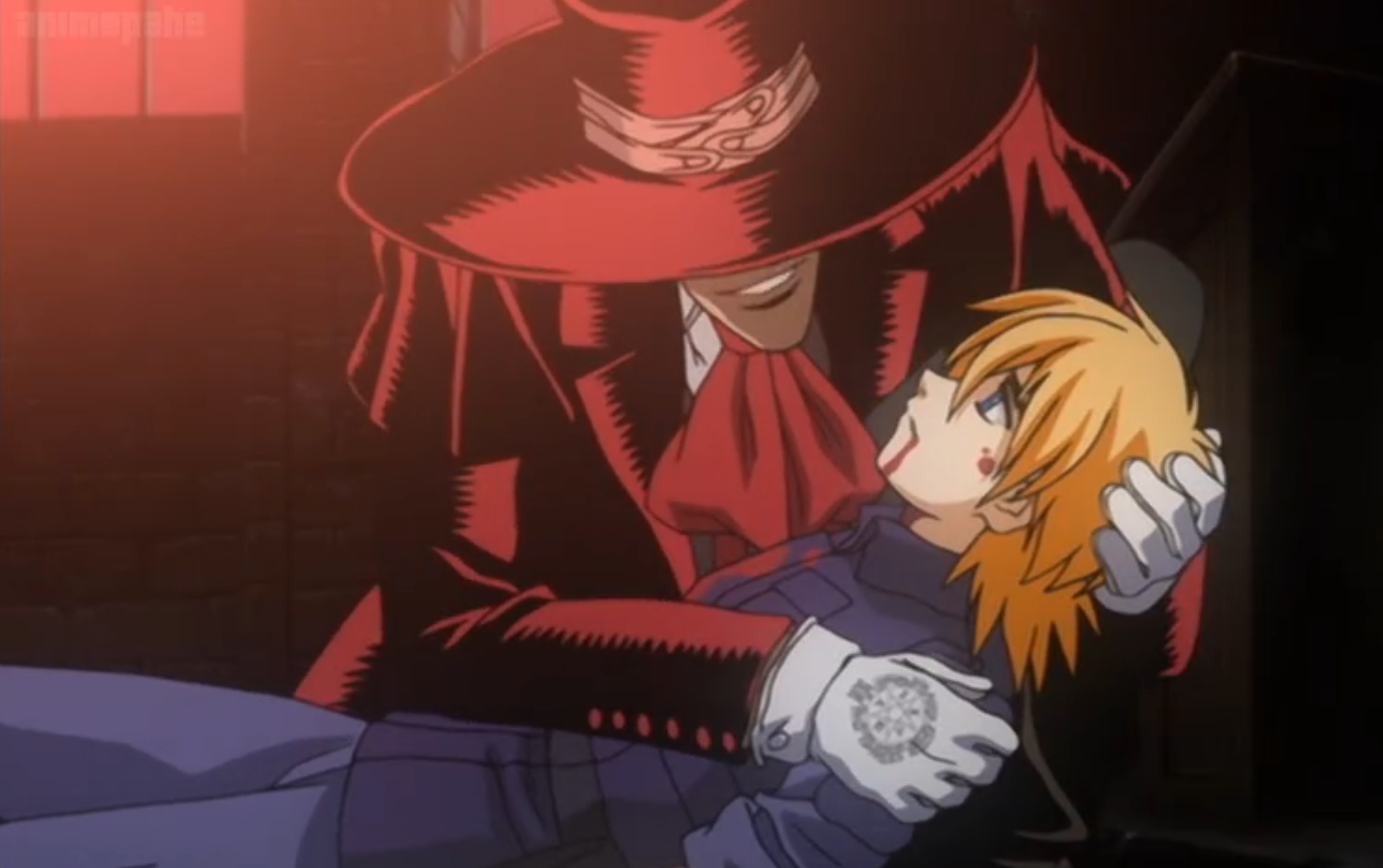 In Kouta Hirano's Hellsing, Alucard holds Seras on his lap 