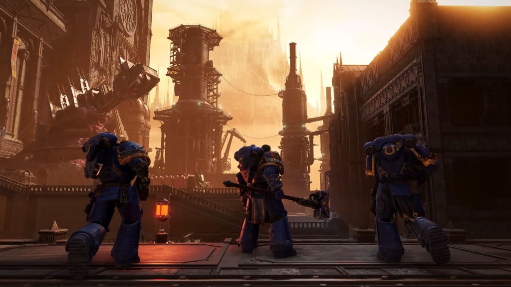  Space Marine 2 featuring three players teaming up for co-op gameplay.